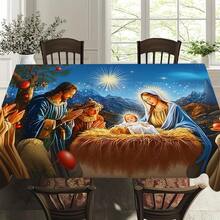 Toalha de mesa religiosa com estampa de presépio e céu estrelado, estilo pintura a óleo, para sala de jantar. Leve e lavável, feita de poliéster, ideal para jantares festivos em ambientes internos e externos. - Multicolorido - Ver 3