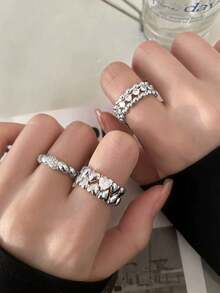 Bộ 5 chiếc nhẫn hình trái tim đan chéo bất đối xứng hình học thanh lịch, đính đá Cubic Zirconia lấp lánh, phù hợp cho nữ giới đeo hàng ngày, đi làm, dự tiệc, đám cưới (Không kèm hộp quà). - Bạc - Xem 3