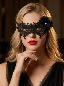 1pc Women's Lace Masquerade Mask, Vintage Beaded Black Floral Lace Spider Web Hollow Half Face Mask, Tie-Up Eyemask, Suitable For All Seasons - Multicolor - View 4