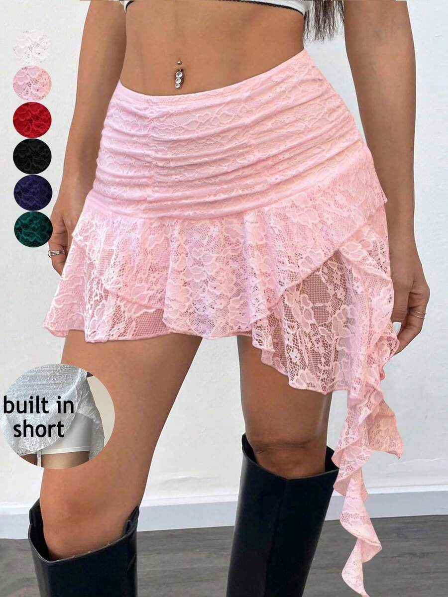 Women Summer Pink Lace Mini Skirt With Shorts- Low Rise Y2K Pleated Ruffle Fairy Skirt Chic Layered Asymmetrical Half Slip Skirts For Sports, Party, Vacation, Valentine's Day Outfit - 粉色 - 查看 1