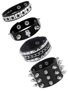 Xiacheng 1/3/4件套女士朋克摇滚手链套装 - 铆钉可调节人造革手镯，80年代Emo哥特机车风，男女皆宜的另类时尚