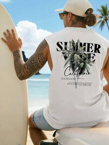 1pc Men's Summer English Text & Palm Tree Print Casual Sleeveless Tank Top - White - View 2