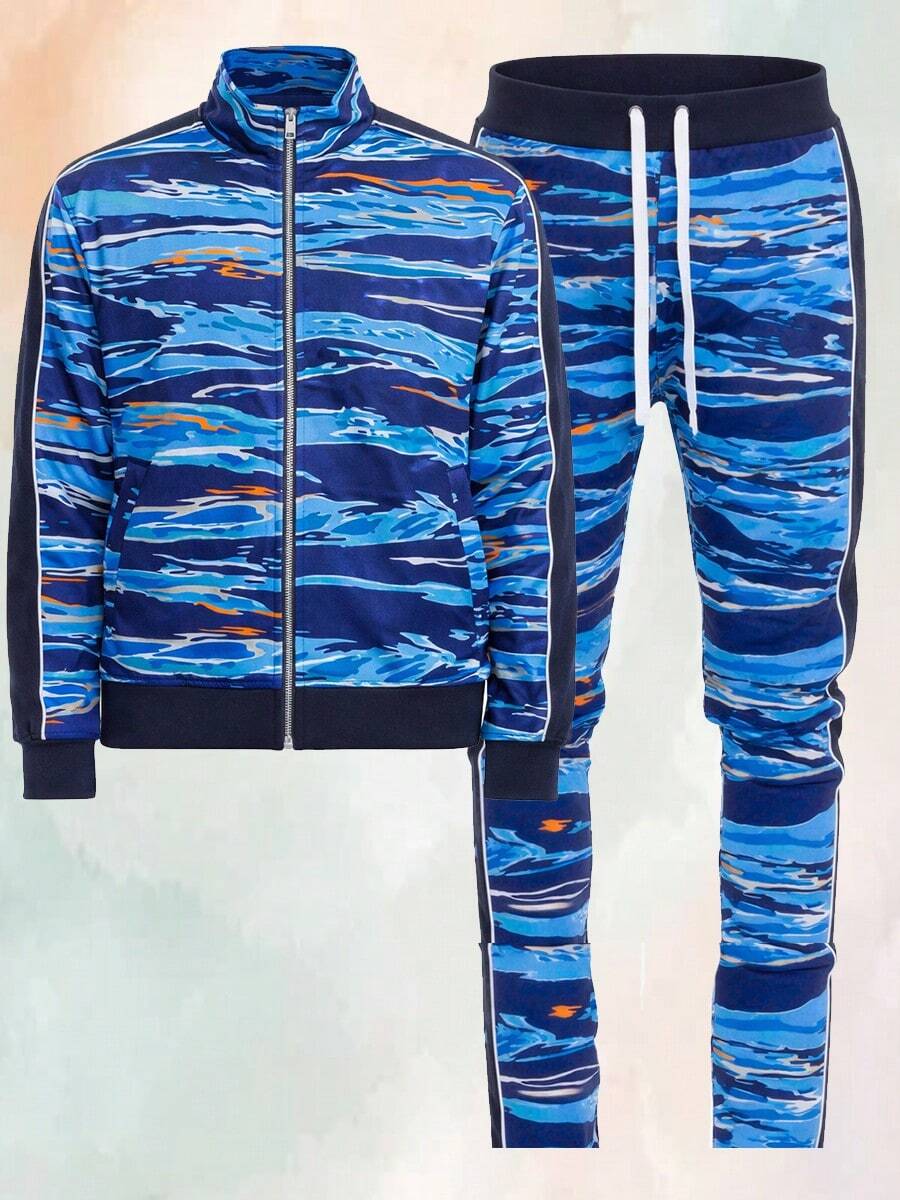 Mens All Over Print Designer Print Zip Up Jacket Track Suit Two Piece Set - Navy Blue - View 1