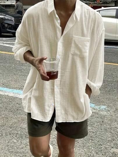 Men's Solid Color Long Sleeve Single-Breasted Loose Casual Fashion Comfortable Shirt