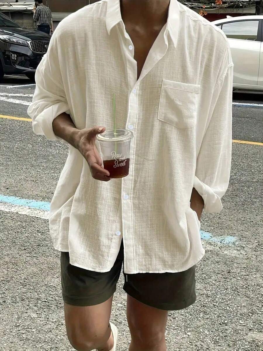 Men's Solid Color Long Sleeve Single-Breasted Loose Casual Fashion Comfortable Shirt - Apricot - View 1