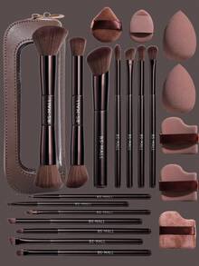 BS-MALL 22件套化妆刷套装，包含：14支高品质双头化妆刷、7个不同形状的化妆海绵、1个化妆包、1个纸盒。化妆工具，不掉毛，不刺激皮肤，三角形收纳盒，包含腮红刷、修容刷、眼影刷、高光刷、遮瑕刷。 - 咖啡棕 - 查看 1