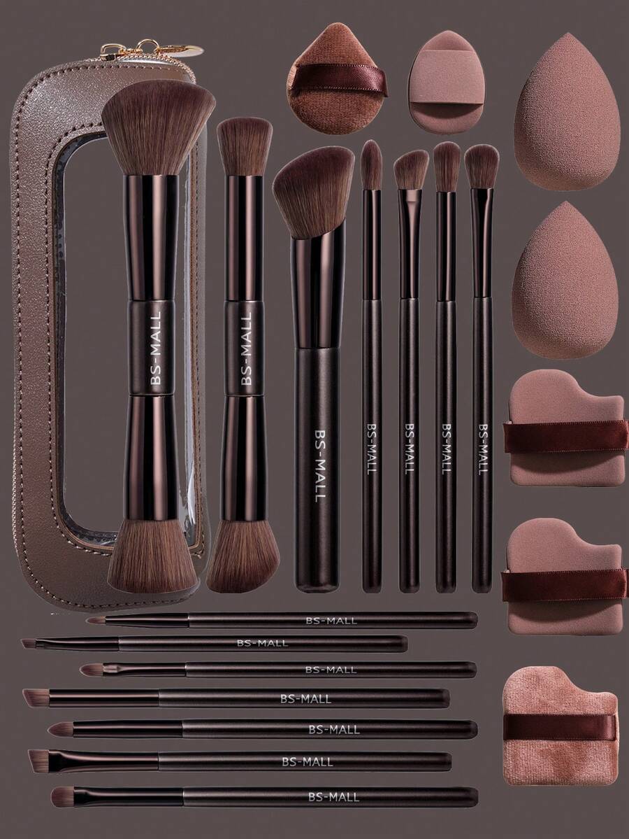 BS-MALL 22件套化妆刷套装，包含：14支高品质双头化妆刷、7个不同形状的化妆海绵、1个化妆包、1个纸盒。化妆工具，不掉毛，不刺激皮肤，三角形收纳盒，包含腮红刷、修容刷、眼影刷、高光刷、遮瑕刷。 - 咖啡棕 - 查看 1