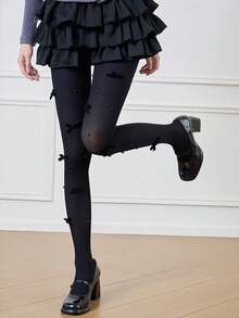 Autumn/Winter Velvet Bowknot Sheer Tights, Versatile Hosiery JK Style Cute Sweet Lolita Pearl Pantyhose Ballet Style Pure White Vertical Striped Leggings, Slimming - Multicolor - View 11