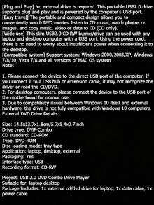 1个外置便携式CD/DVD读卡器，兼容笔记本电脑和台式机，小巧便携，高速读卡器，适用于笔记本电脑、办公室等，DVD/CD读卡器，兼容Windows操作系统，无需电池，无刻录功能，无法读取空白DVD。