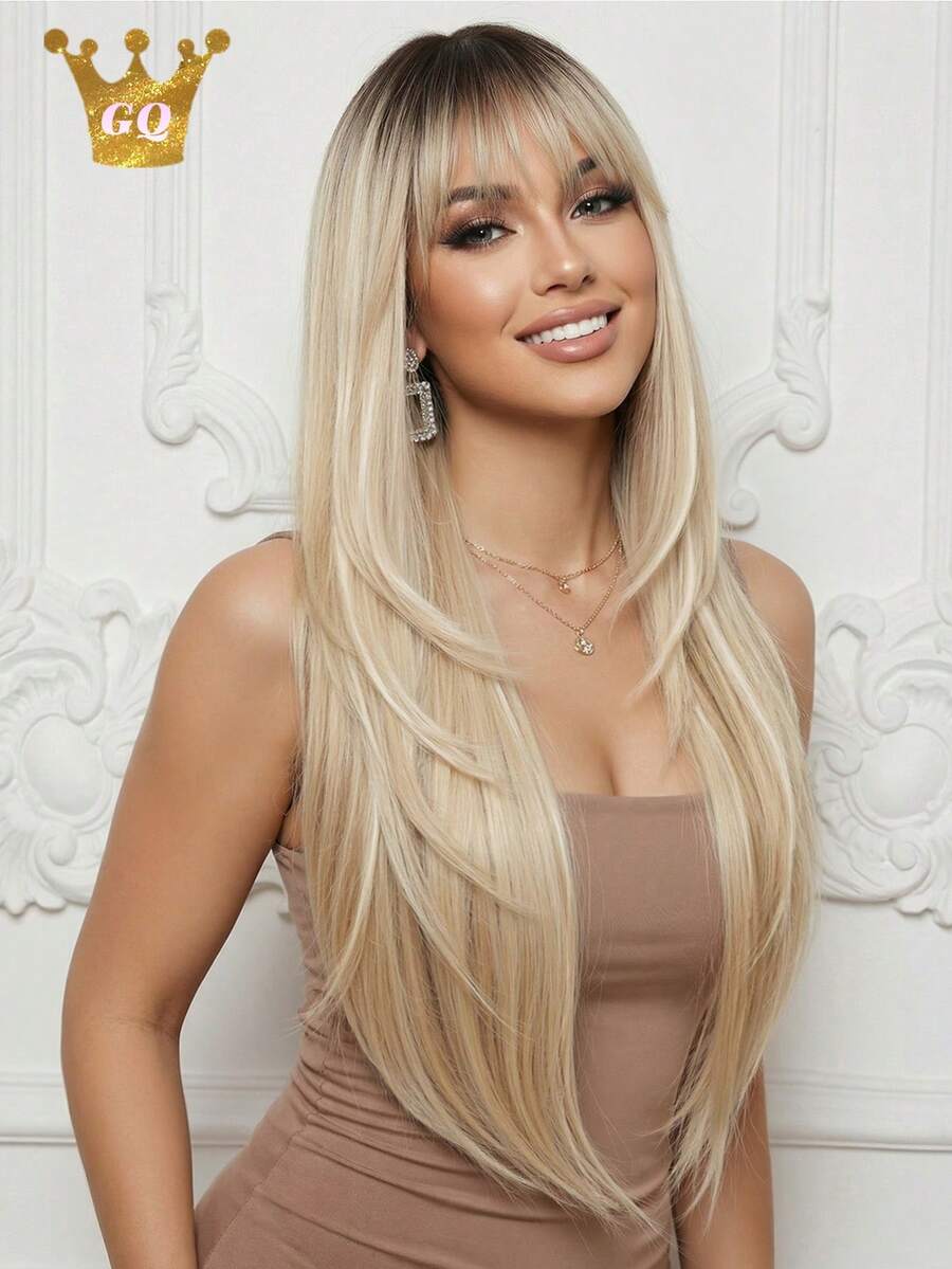 28 Inch Long Ombre Golden Wig With Bangs, Made Of Natural Synthetic Fiber, Heat Resistant Long Wig For Cosplay, Suitable For Women's Daily, Party, Cosplay And Other Occasions - Gold - View 1