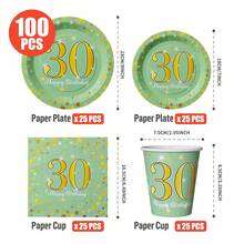 30th Birthday Yellow Polka Dot On Green Disposable Plates, Napkins, Cups - One-Time Party Supplies Set, Fits 25 Guests, Disposable Paper Plates Party Tableware Suitable For Birthday, Wedding, Theme Party, Family Picnic - Multicolor - View 12