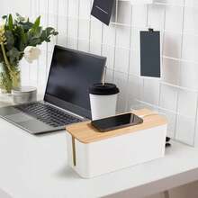 Caja de gestión de cables de escritorio minimalista de bambú con tapa, organizador para cables de alimentación, cargadores y otros cables - Multicolor - Ver 4