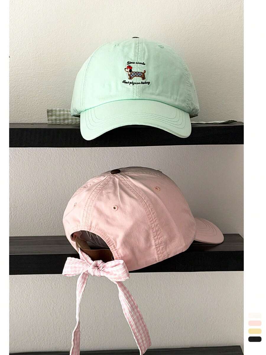 1pc Soft Top Dachshund & Gingham Bow Embroidered Baseball Cap, Cartoon Puppy Bow Plaid Strap, Fashionable, Suitable For Spring/Summer, Versatile, High Quality, Ins , Sun Protection,