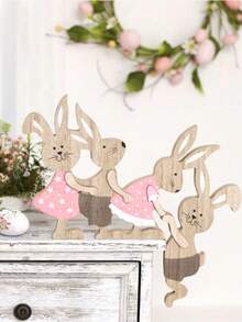 1 pieza Decoración de Pascua con tema de conejo y familia de madera, letrero colgante rústico para puerta, decoración de pared - Multicolor - Ver 2