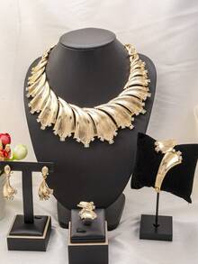 一套时尚女士迪拜珠宝套装，扇形设计锆石项链耳环手链戒指婚礼新娘派对圣诞节珠宝