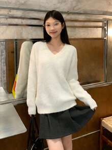 Women's Solid Color Fluffy Loose Soft Knit Sweater, Autumn/Winter - White - View 8