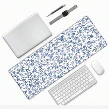 1件复古蓝白瓷质花卉图案鼠标垫，清新中式花卉大号桌面垫，防滑办公桌装饰键盘垫 - 長方形 - 查看 3