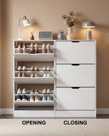 Shoe Cabinet With 3 Flip Drawers, Slim Wooden Shoe Storage Organizer For Entryway, Hallway & Living Room, Space-Saving Hidden Shoe Rack With Adjustable Shelves, Modern Entryway Furniture - 白色 - 查看 5