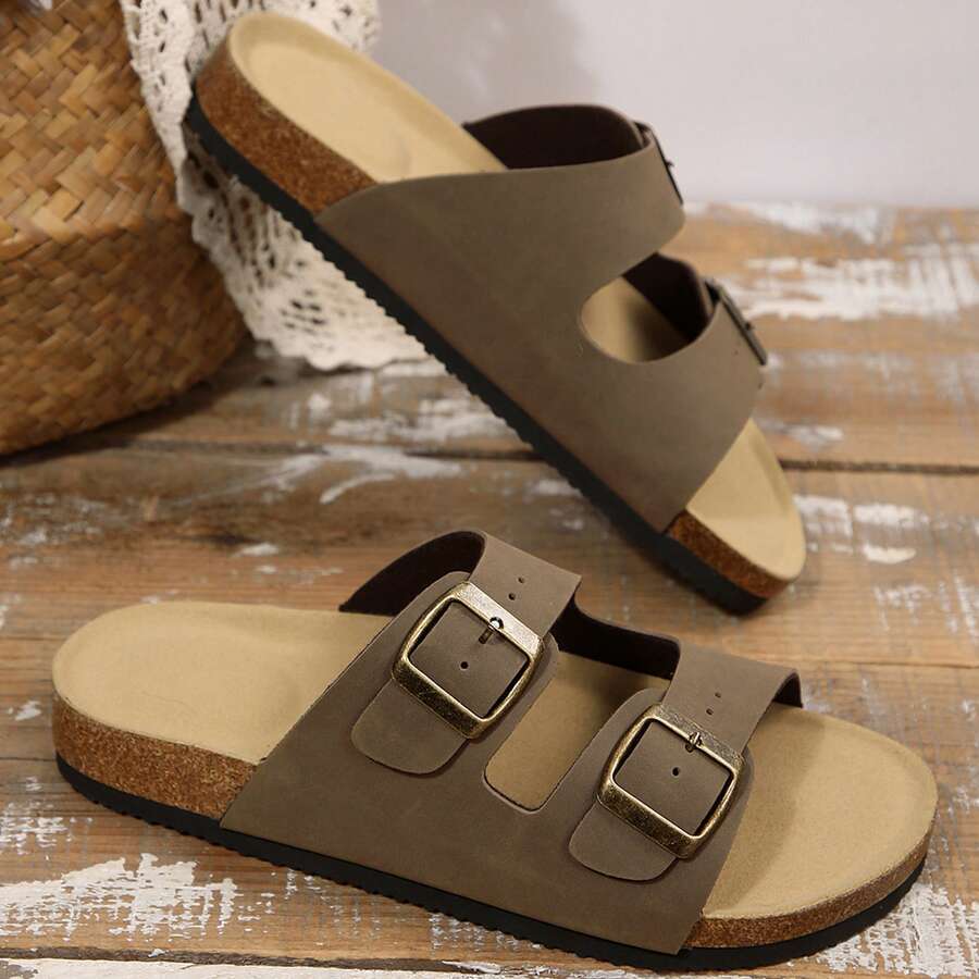 Womens Flats Sandals Adjustable Buckle Slippers Comfort Slides For Women Soft Flat Open Toe Summer Footwear Shoes - 深棕色 - 查看 1