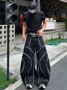 1件日式拼接刺绣毛边阔腿牛仔裤，男士个性街头风做旧宽松长裤（不含腰带和配饰） - 黑色 - 查看 7