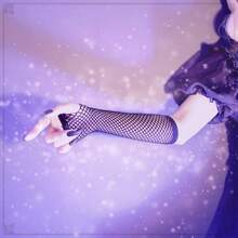 Black Fishnet Gloves - Long Elastic Lace Sleeves, Party Accessories, Black Nylon Fingerless Openwork, 1920s Women's Gloves, Black/Purple. - 黑色 - 查看 5