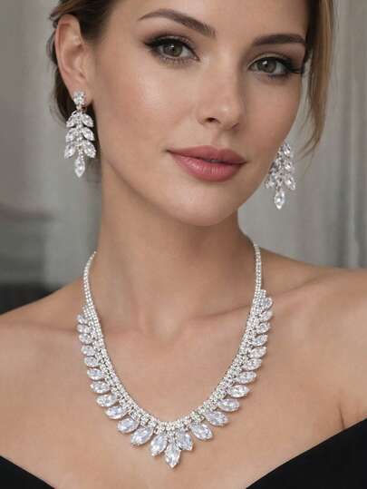 3 Peças Conjunto de Joias de Casamento Nupcial com Folha de Zircônia Brilhante - Colar e Brincos