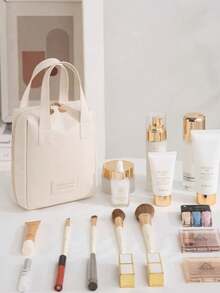 1pc Handheld PU Leather Makeup Bag, Waterproof PU Leather Makeup Bag, Portable Travel Toilet Bag, Perfect Makeup Storage Bag, Large Capacity Travel Toilet Bag, Multi Functional Travel Toilet Bag, Large Capacity Toilet Bag With Compartments, Essential For Travel And Festivals - Multicolor - View 4