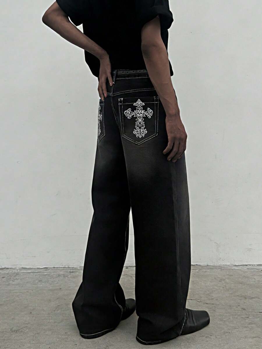 Men's Loose Fit Jeans, Cross Embroidered Jeans, Pocket Embroidered Jeans, Y2K Hip Hop Rock Baggy Wide Leg Jeans, Street Fashion Trendsetter Jeans - Black - View 1