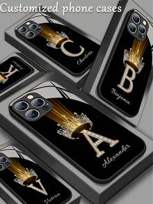1pc Customized Name, Luxury Rhinestone Crown Pattern Liquid TPU Full Edge + Tempered Glass Shockproof Anti-Scratch Phone Case Compatible With Apple 17 ProMax/16 ProMax/15 Pro/14 Plus/13 Pro/12 Pro Max/11/Xs Max/8/7/6 Plus, S24 Ultra/S25 Ultra, Redmi/ Phones - Black - View 1