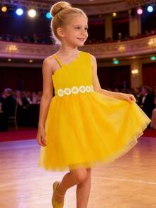 女童时尚单肩连衣裙，碎花装饰薄纱裙，适合派对、演出、日常外出/户外休闲度假，夏季 - 黃色 - 查看 2