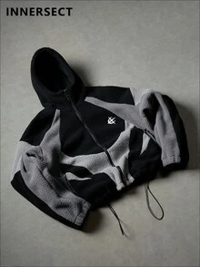 Men's Black & Grey Patchwork Sherpa Lined Hoodie Jacket, Loose Street Style Warm Outerwear - Black - View 1