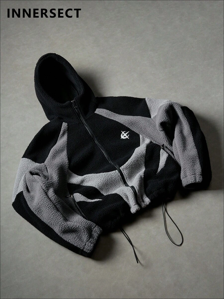 Men's Black & Grey Patchwork Sherpa Lined Hoodie Jacket, Loose Street Style Warm Outerwear - Black - View 1