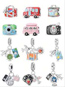 1PC 925 Sterling Silver Globe Airplane Luggage, Airplane Travel Map, Pink Bow Red Bus, Pink New Adventure, Freeze Beautiful Moments Camera, Cute Cat Camera, Sweet Departure, Red Luggage, Summer Vacation Travel Plane Luggage Sun, Travel Two Pieces Set, Heart-Shaped Luggage Handbag Pendant, DIY Bracelets, Necklaces And Other Jewelry, Perfect Gift For Friends' Birthdays And Holidays