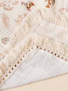 1pc Unisex Soft Gauze Baby Blanket With Bunny/Squirrel Print - Tassel Edge Breathable Stroller Crib Wrap