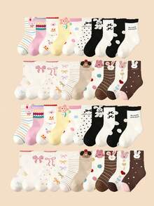 5双装女童夏季纯色可爱INS风中筒袜，图案多样，包括蝴蝶结、兔子、小猫、小狗、波点、条纹等，韩版中筒袜，透气弹力袜口，透气性好，是夏季时尚之选，适合女孩穿着、送礼、玩耍、情人节，可搭配公主裙 - 彩色 - 查看 1
