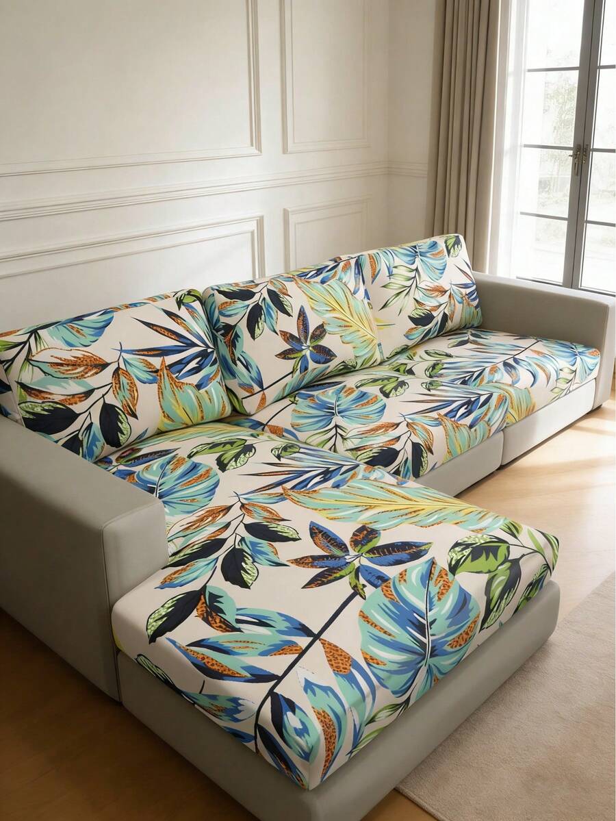 1pc Tropical Rainforest Leaf Print Milk Silk Sofa Cushion Cover, High Elasticity Dust-Proof Washable Sofa Slipcover For All Seasons - Multicolor - View 1