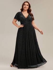 Plus Size Deep V Neck Ruffle Sleeve Sexy Evening Maxi Dress, Party Dress, Wedding Guest Dress, Formal Dress, Gown - Black - View 3
