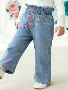 全新不对称心形刺绣休闲日常百搭牛仔裤，适合女婴 - 藍色 - 查看 4