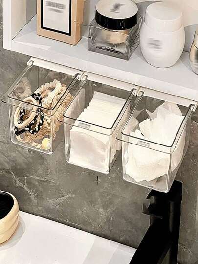 1 st. sminklåda med lådor, transparent förvaringslåda för bomullspinnar, sminkpads, kosmetikaställ, lämplig för under spegelskåp, badrumsorganisatör, multifunktionell skrivbordsförvaringslåda för kosmetika, badrumsinredning, hållare för sminkborstar