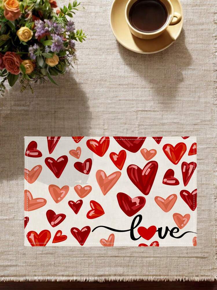 4pcs Watercolor Red Heart Striped Valentine's Day Pattern Farmhouse Style Heat-Resistant Placemats, Suitable For Patio Round Tables, Parties, Kitchens, Dining Tables, Afternoon Tea Gatherings - Red and White - View 6