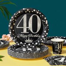 40岁生日黑色闪亮星星一次性餐盘、餐巾纸、纸杯套装 - 一次性派对用品套装，可供25位客人使用，一次性纸盘适用于生日、婚礼、主题派对、家庭野餐 - 彩色 - 查看 3