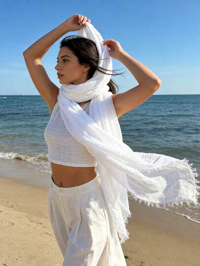 1pc Oversized Solid Color Pleated Scarf Shawl Headscarf, Suitable For Daily Wear