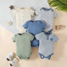 Set Of 5 Triangular Bodysuits For Newborns, Short Sleeves, And A Cute Striped Teddy Bear Print. Soft And Comfortable, Suitable For Boys And Girls, Ideal For Indoor And Outdoor Use. - Màu xanh lam - Xem 9