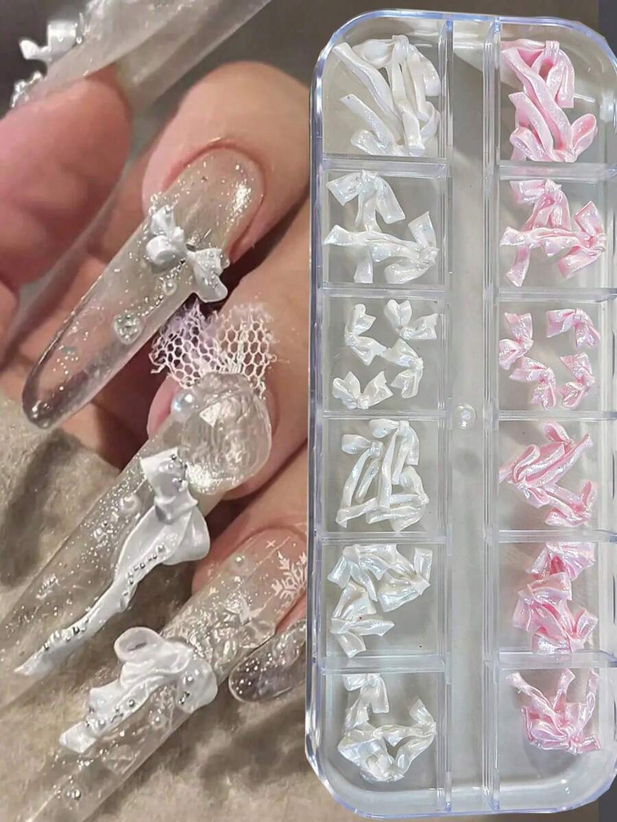 12pcs Nail Art Soft Sculpture Decorations - Satin Bow Accessories Mix, Nail Jewelry Pearlescent Bow Ins Style Nails Nail Supplies - Multicolor - View 1