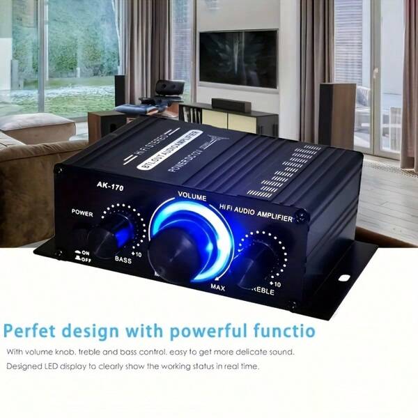 AK-170 Mini Car Audio Amplifier, 12V Voltage, 20W Powerful Car Speaker, Suitable For Cars, Motorcycles, Computers, MP3 Players, And Household/Road Vehicles - Black With Blue Indicator Light, Car Audio Upgrade, Modern Audio Equipment, Durable Audio Components, No Battery Required (Excluding Power Adapter And Power Cord)