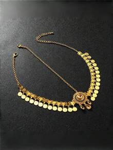 1 pieza Cadena para el cabello de mujer con flor de cristal de imitación, moneda árabe y borla dorada, adecuada para fiestas, reuniones y vestimenta de novia y boda - Dorado - Ver 6