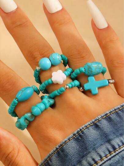 Set de 7 anillos de moda con cruz y cuentas de turquesa en estilo vintage occidental, joyería de turquesa, accesorios de estilo occidental, perfectos para vacaciones de verano en la playa