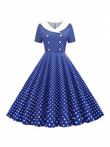 Women's 50s Vintage Polka Dot Swing Dress - Double Breasted Notch Lapel Rockabilly Cocktail Midi Dress - Màu xanh lam - Xem 1