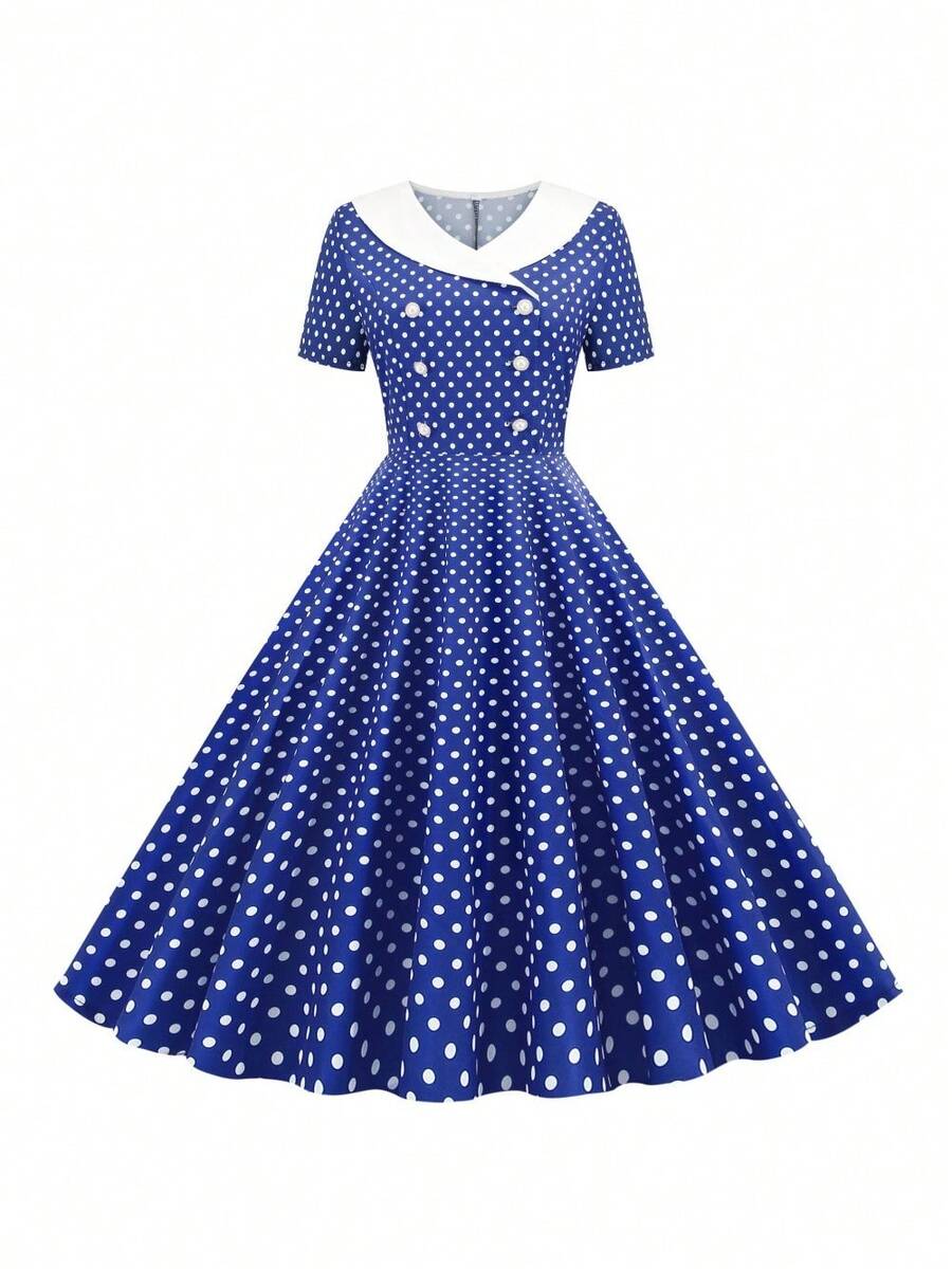 Women's 50s Vintage Polka Dot Swing Dress - Double Breasted Notch Lapel Rockabilly Cocktail Midi Dress - Màu xanh lam - Xem 1