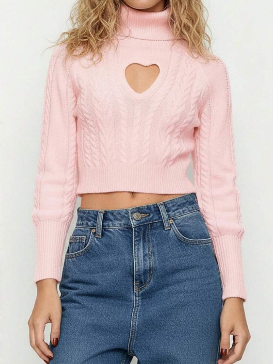 Women's Valentine's Day Knit Sweater Long Sleeve High Neck Hollow Heart Knitwear Tops - Hồng - Xem 1